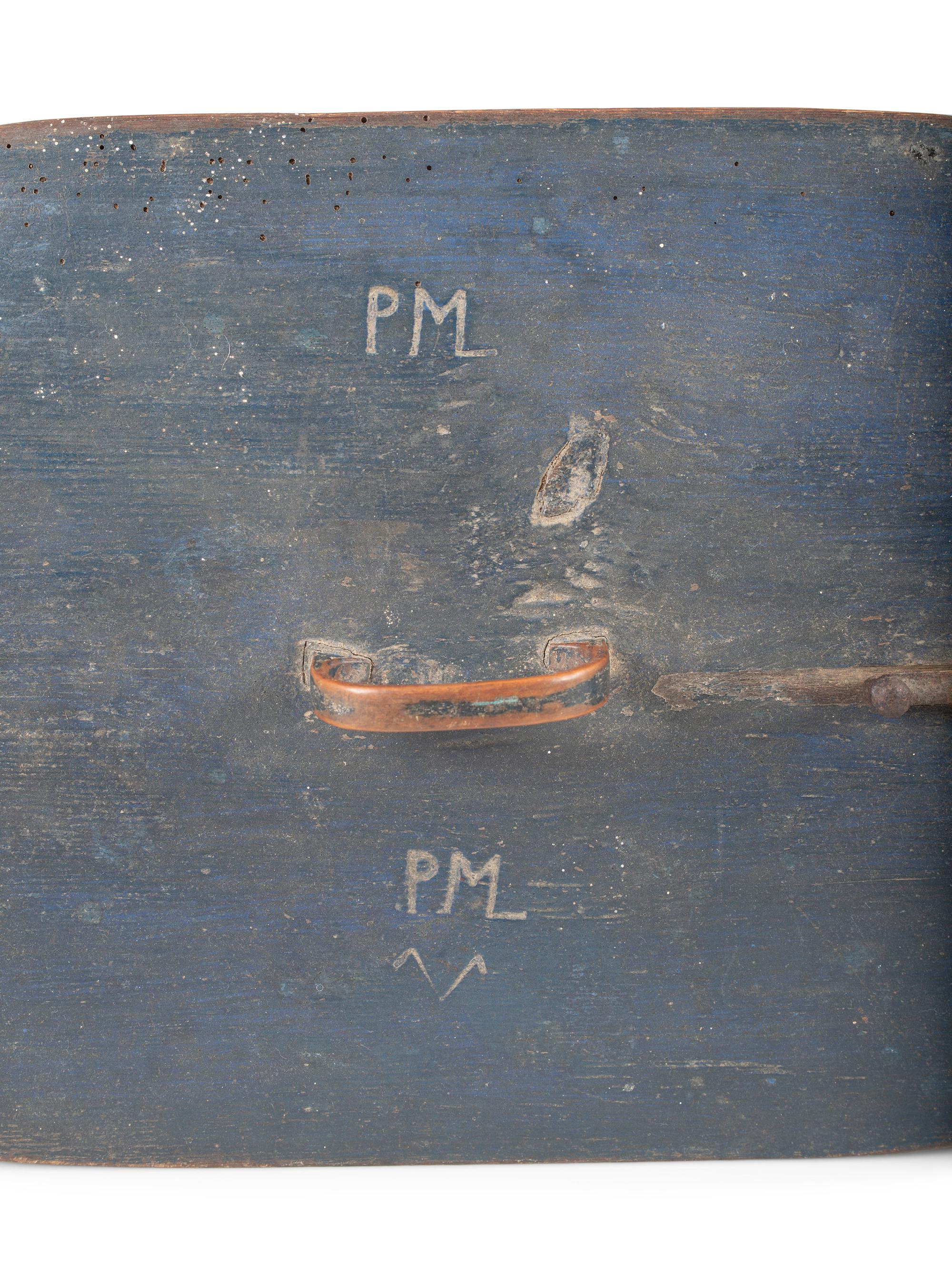 A Country Blue Painted Bentwood Locking Cover Bride's Box