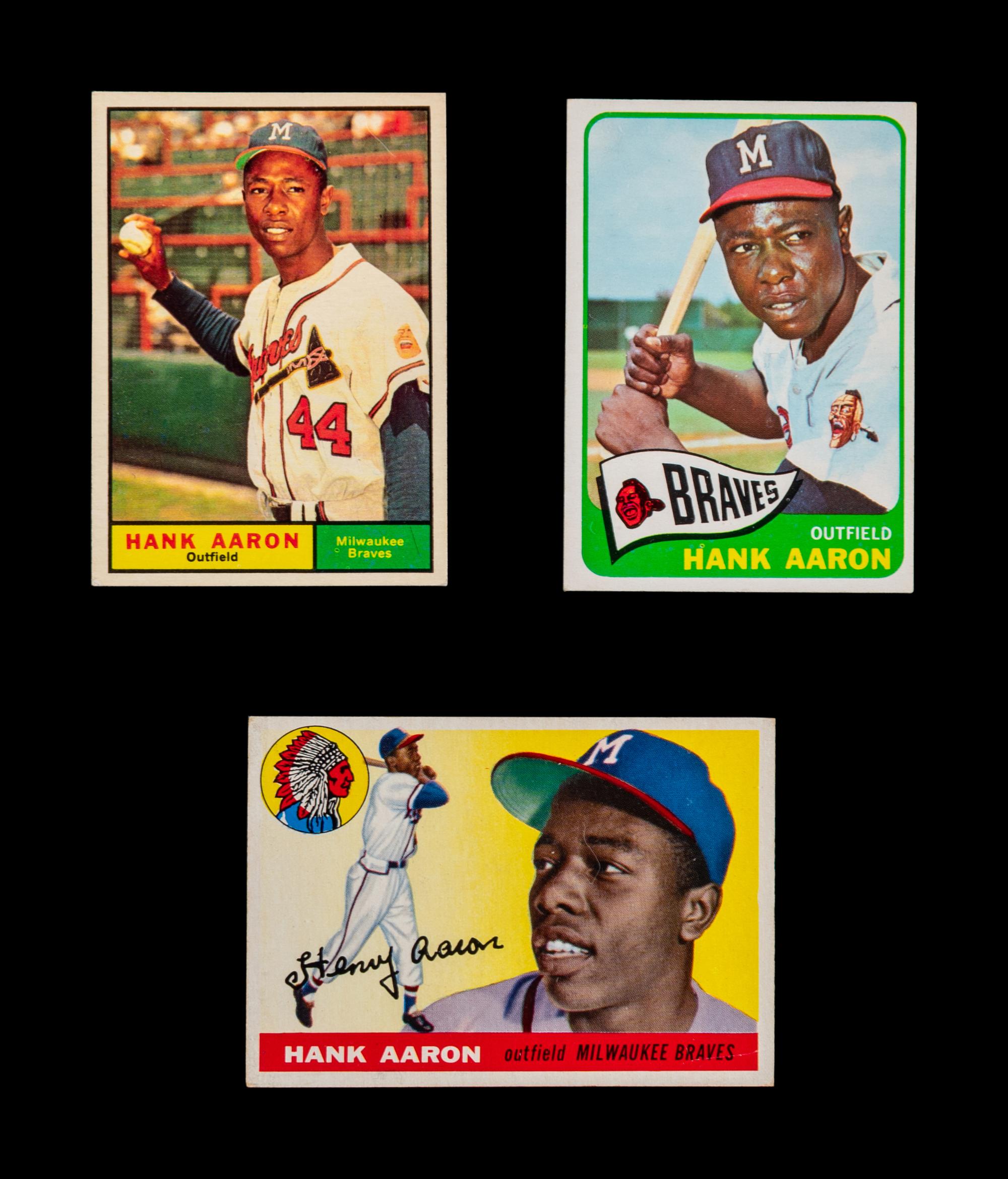 A Group of Three Hank Aaron 1950s and 1960s Topps Baseball Cards Including 1955 Card No. 47,