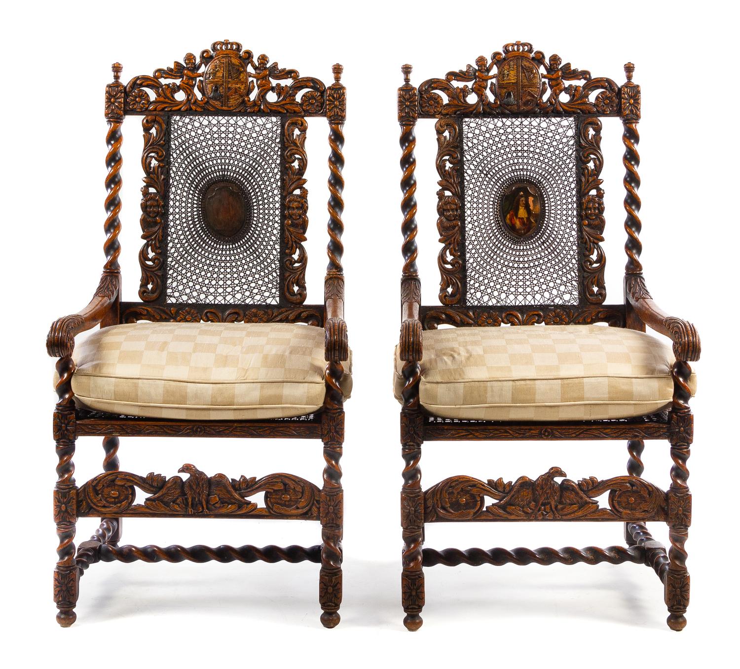 A Pair of Charles II Style Walnut Armchairs Height 51 1/2 inches.