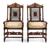 A Pair of Charles II Style Walnut Armchairs Height 51 1/2 inches.