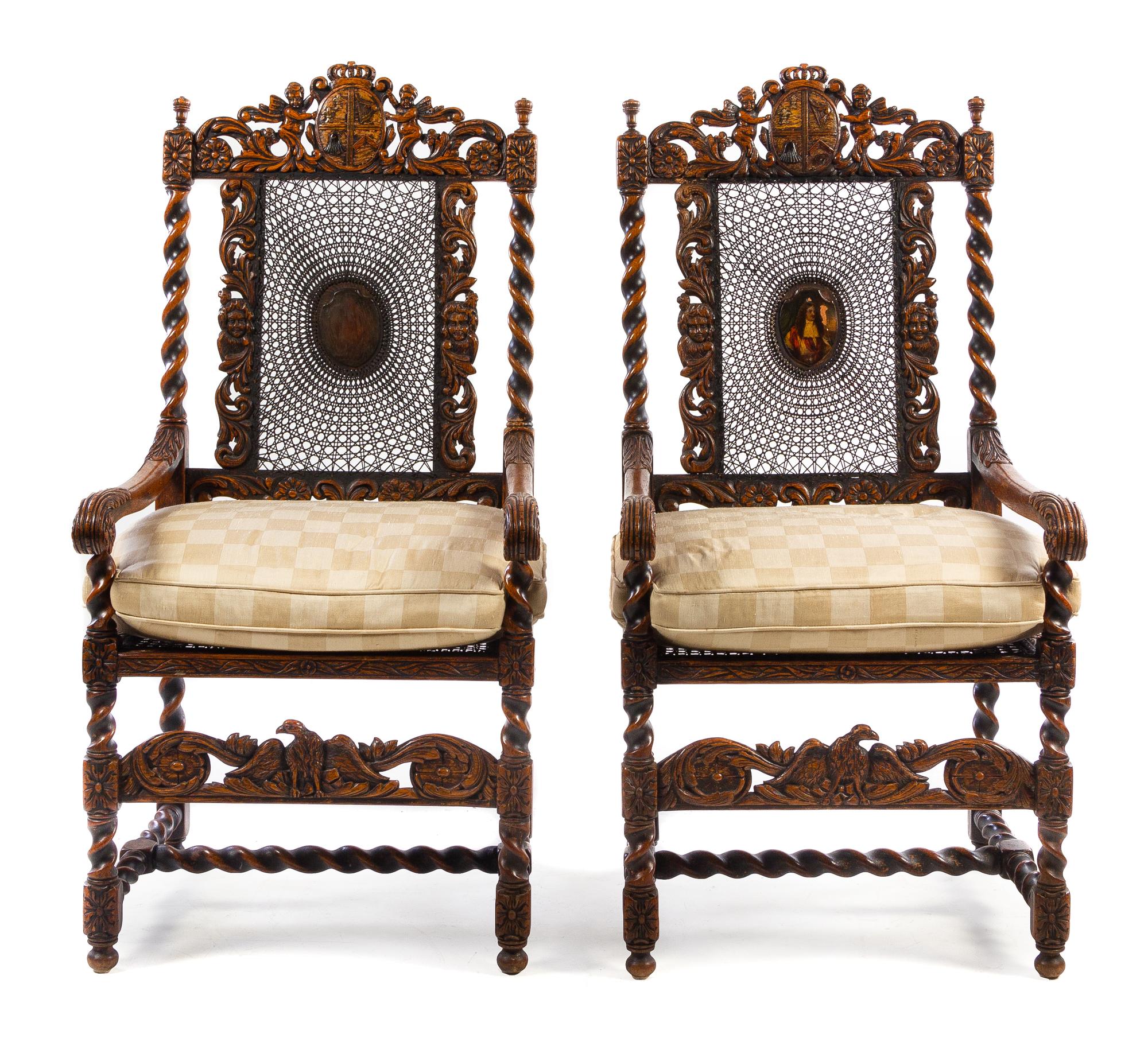 A Pair of Charles II Style Walnut Armchairs Height 51 1/2 inches.
