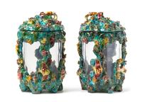 A Pair of Italian Majolica Covered Jars or Aquariums Height 14 1/2 inches. — MID-20TH CENTURY