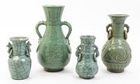 Four Celadon Glazed Vessels Height of tallest 11 1/2 inches.