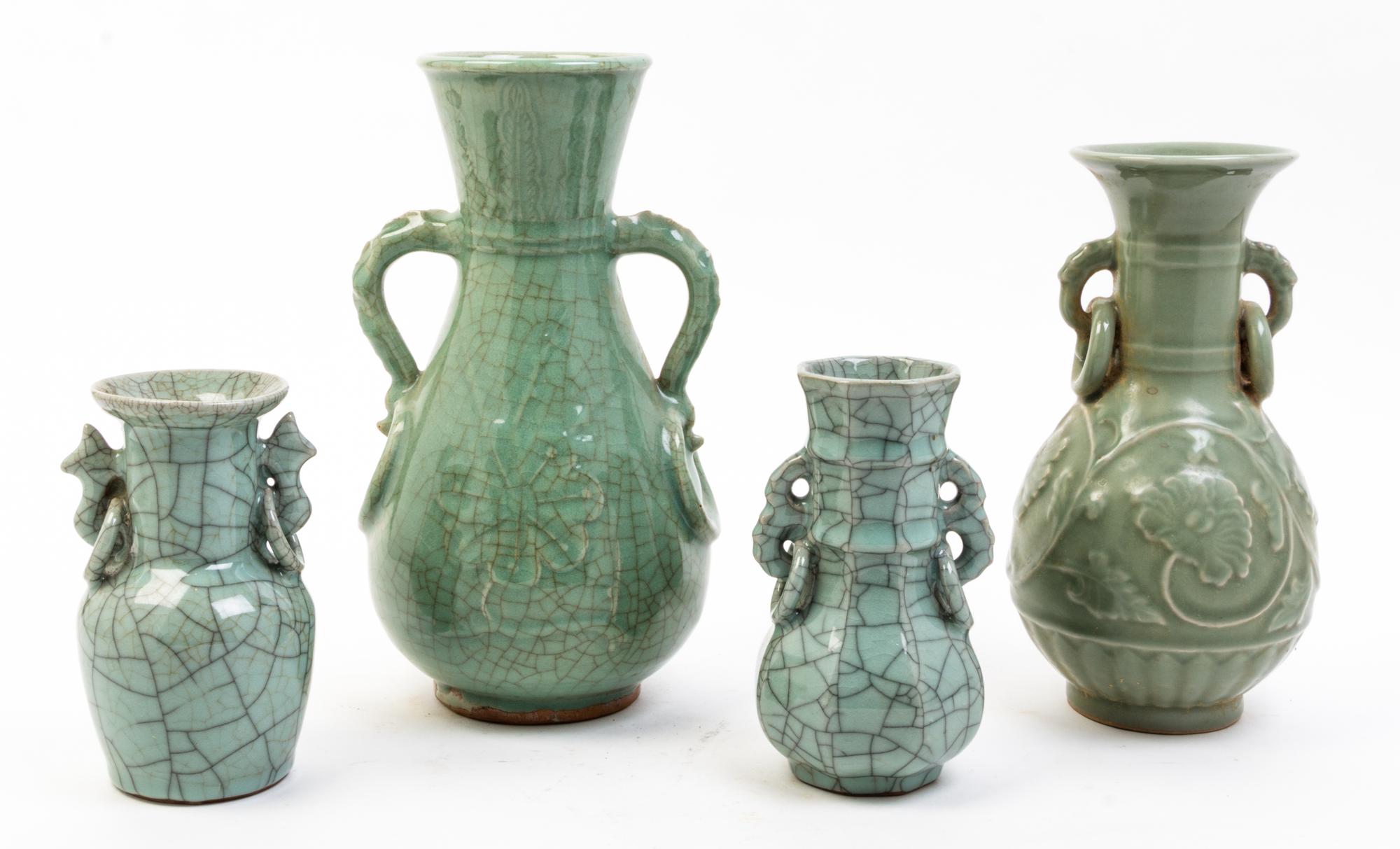 Four Celadon Glazed Vessels Height of tallest 11 1/2 inches.