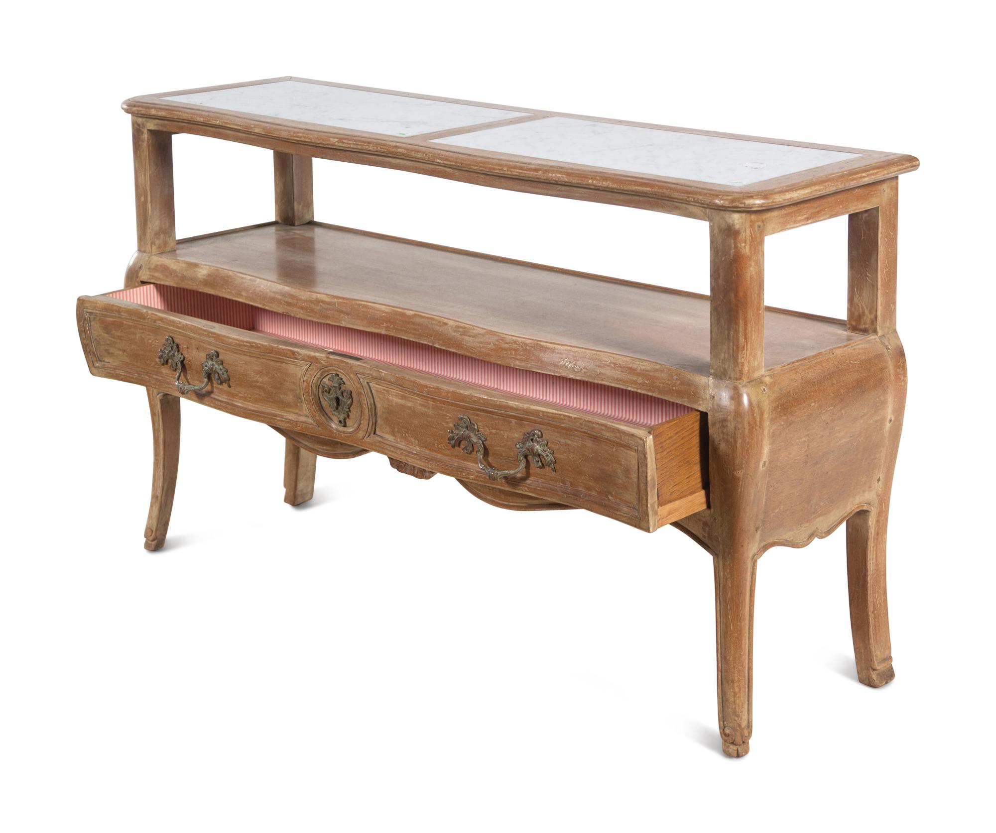 A Louis XV Style Limed Wood Marble-Top Console Table