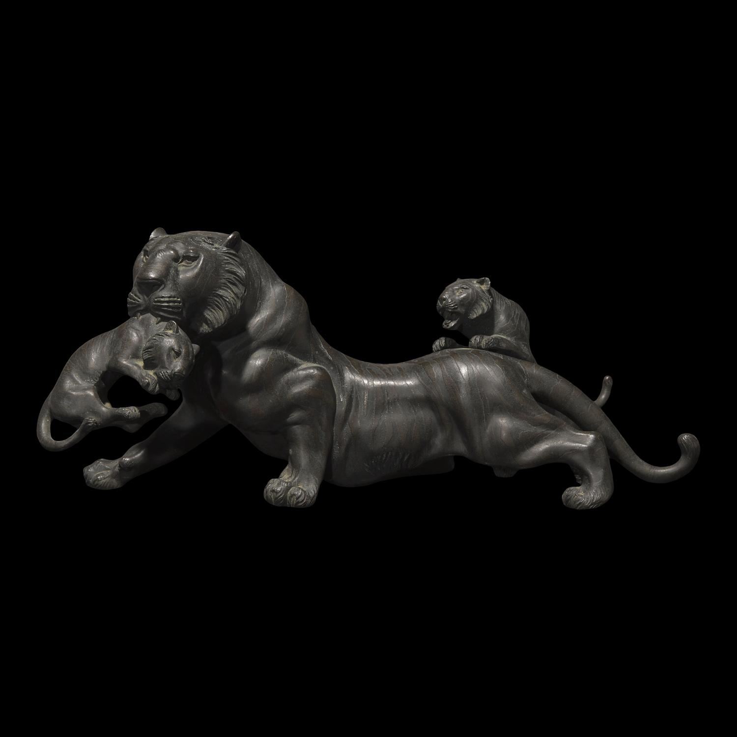 A Japanese Patinated Bronze 'Tigress and Cubs' Okimono, Meiji/Taisho Period