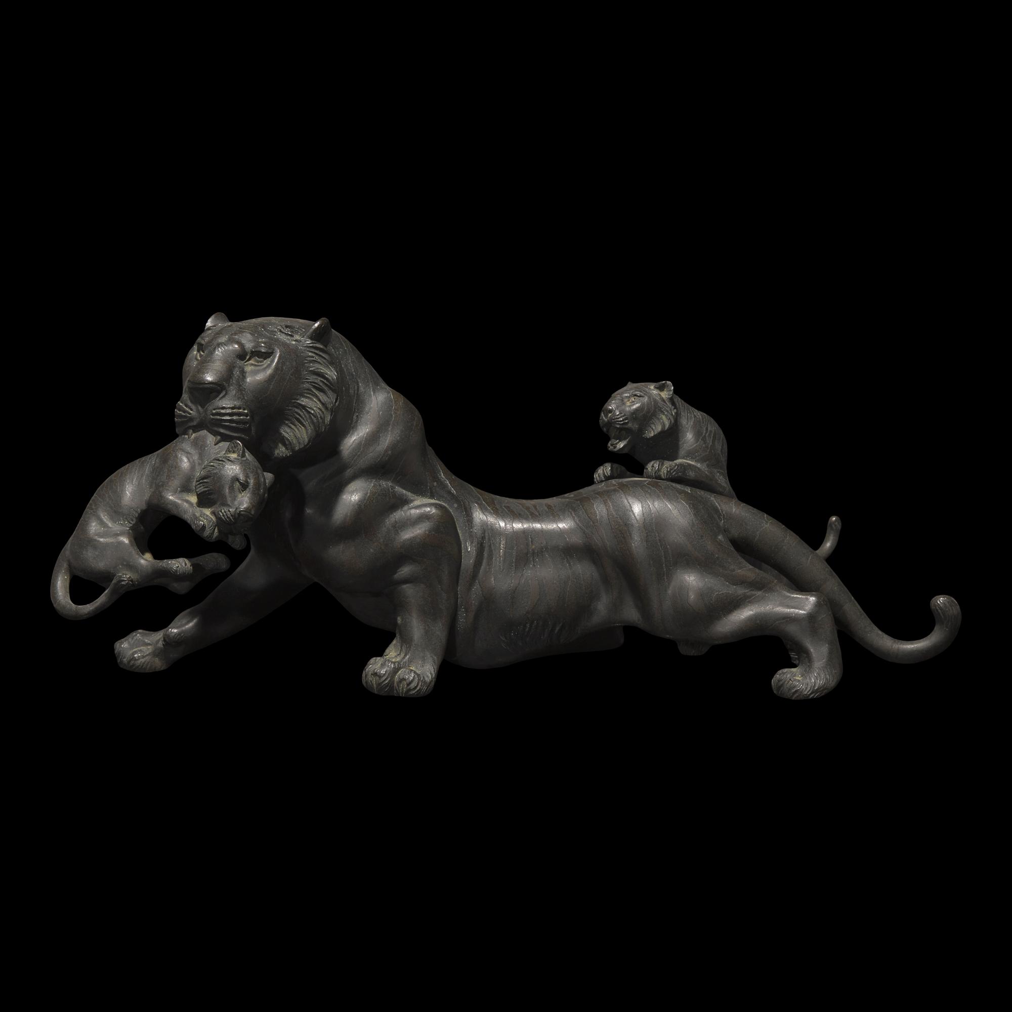 A Japanese Patinated Bronze 'Tigress and Cubs' Okimono, Meiji/Taisho Period