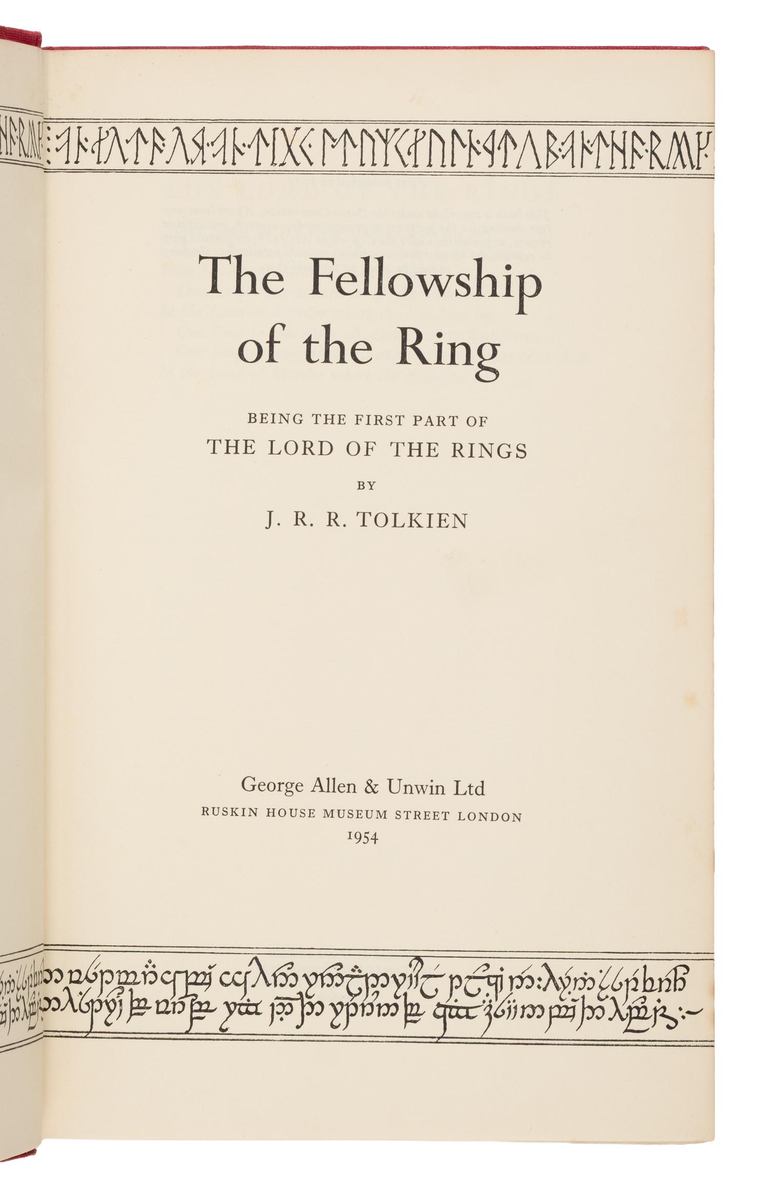 Tolkien, J.R.R. (1892-1973). [The Lord of the Rings trilogy:] The Fellowship of the Ring . 1954. -- The Two Towers . 1954. -- The Return of the King . 1955. All London: Allen & Unwin Ltd.