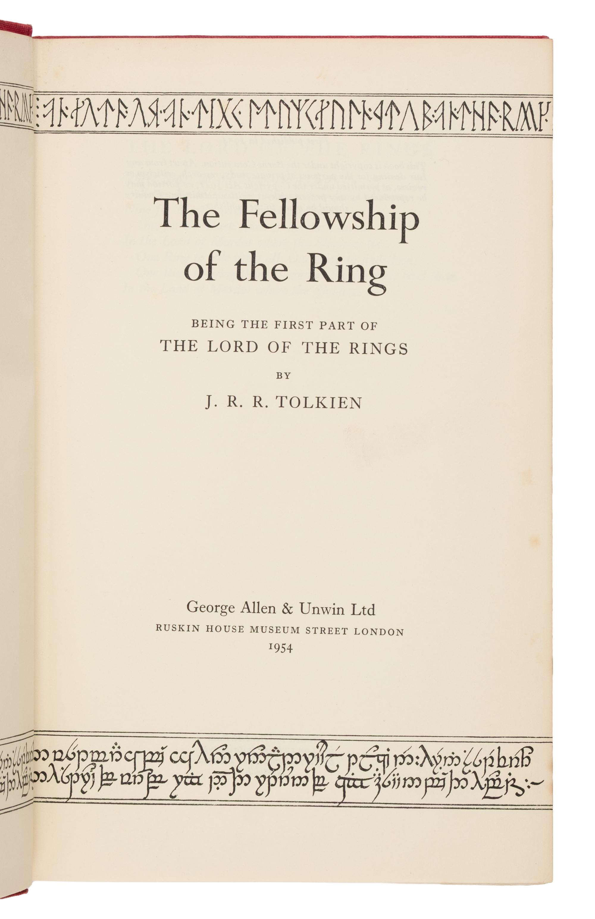 Tolkien, J.R.R. (1892-1973). [The Lord of the Rings trilogy:] The Fellowship of the Ring . 1954. -- The Two Towers . 1954. -- The Return of the King . 1955. All London: Allen & Unwin Ltd.
