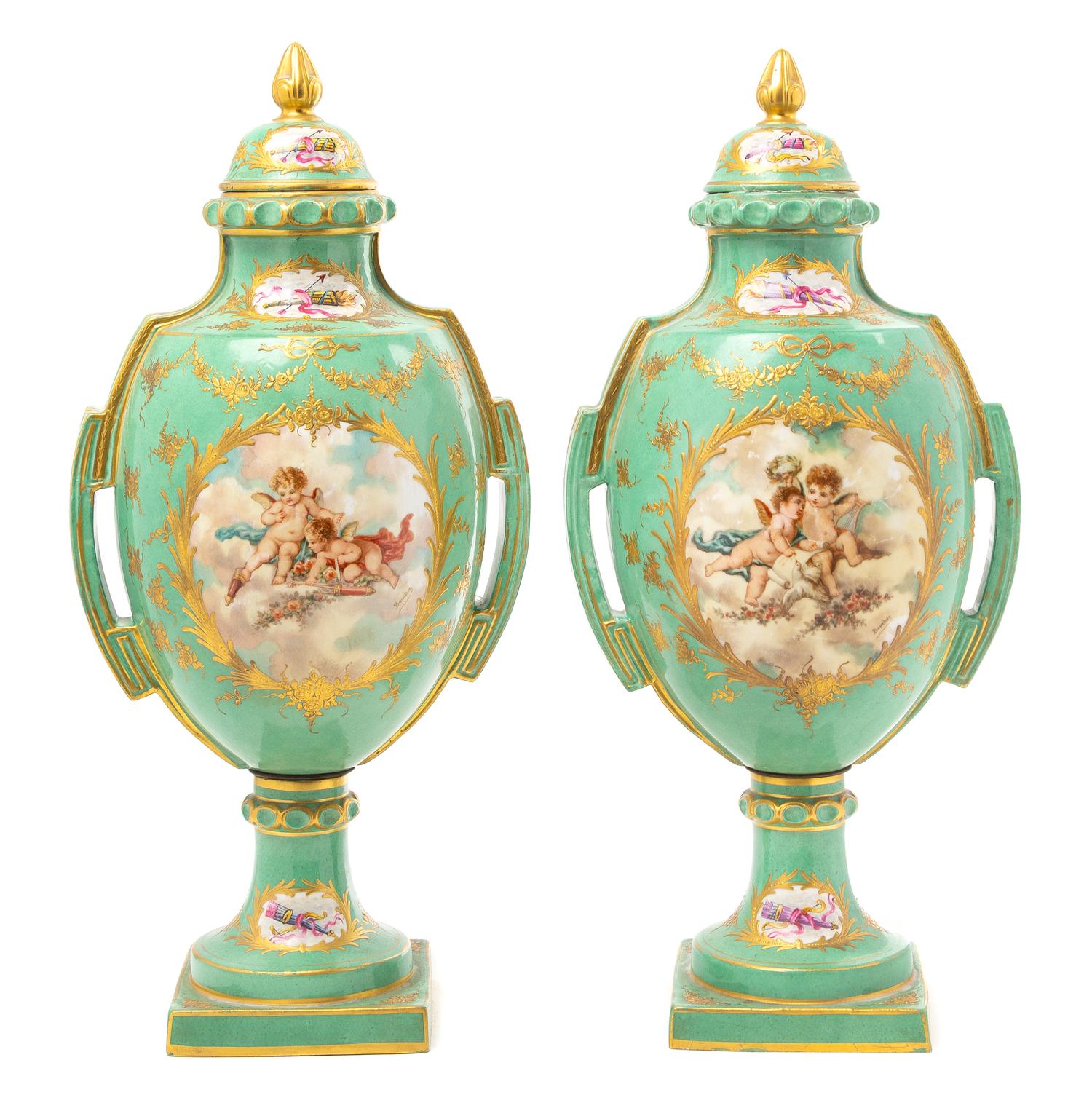 A Pair of French Porcelain Lidded Urns Height 20 1/4 inches. — R. BLOCH, PARIS