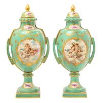 A Pair of French Porcelain Lidded Urns Height 20 1/4 inches. — R. BLOCH, PARIS