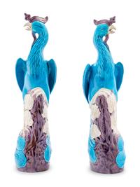 A Pair of Chinese Export Turquoise, White and Purple Glazed Porcelain Figures of Phoenixes
