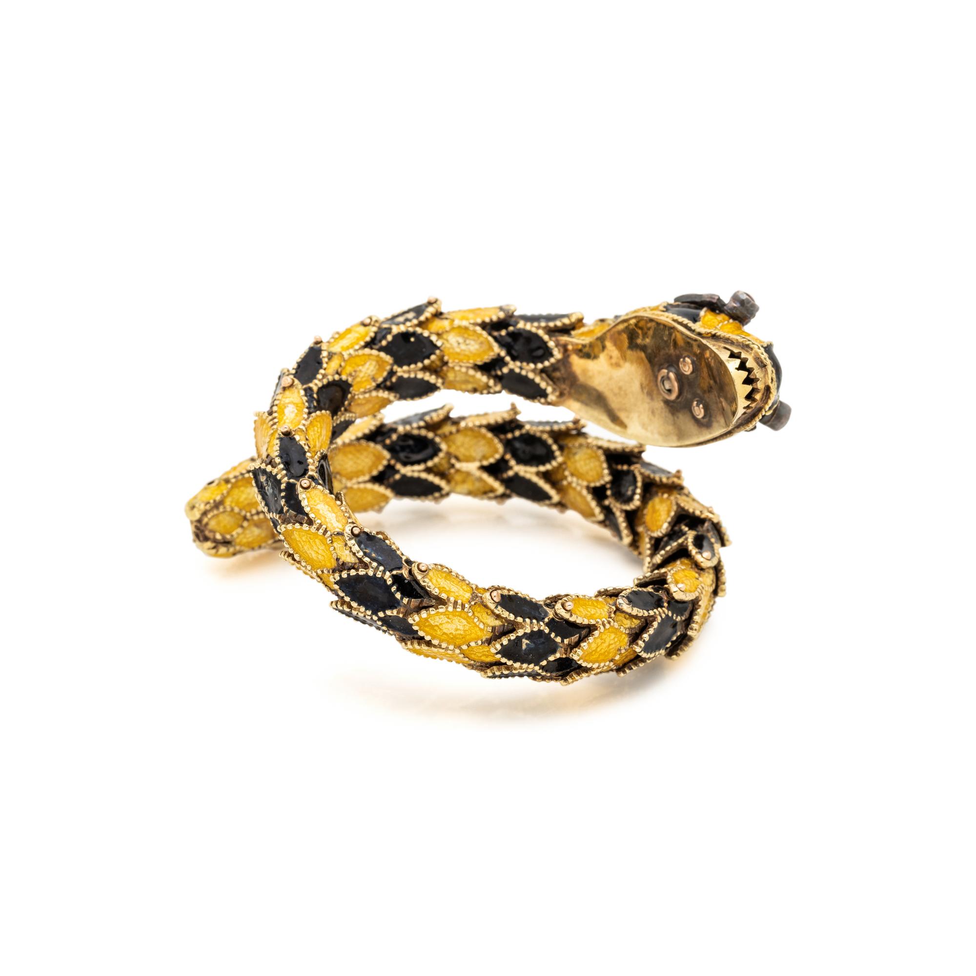 YELLOW GOLD, ENAMEL, AND GEMSTONE SNAKE BANGLE BRACELET