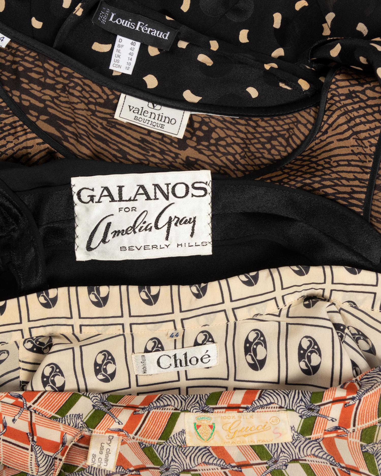 Five Silk Designer Blouses: One Louis Féraud, One Gucci, One Chloé, One Valentino Two-Piece Ensemble, and One Galanos, 1980s