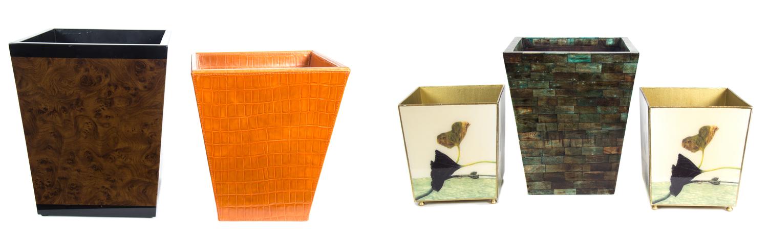 Five Assorted Waste Paper Baskets Height of tallest 14 1/2 inches.