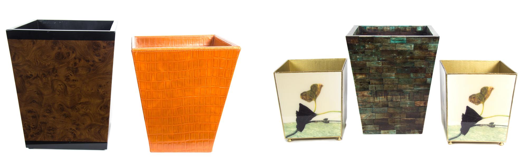 Five Assorted Waste Paper Baskets Height of tallest 14 1/2 inches.