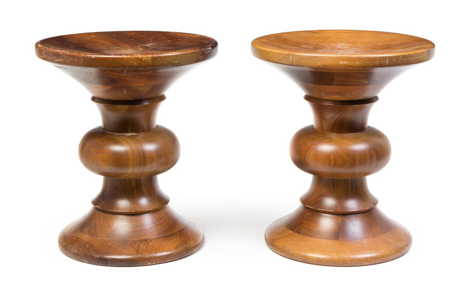 Charles and Ray Eames, HERMAN MILLER, c. 1960, a pair of walnut Time Life stools