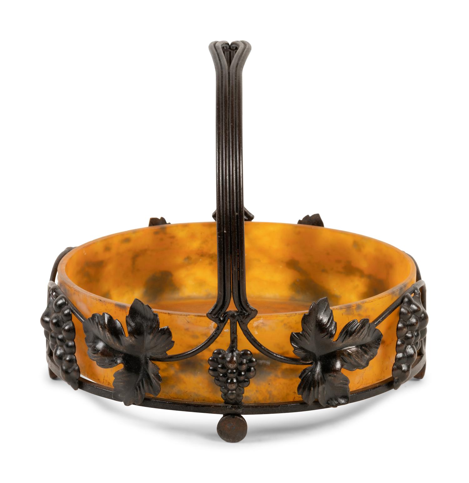 A French Art Deco Iron and Daum Glass Basket