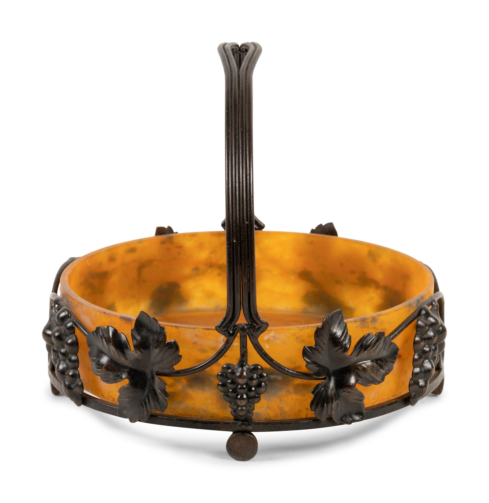 A French Art Deco Iron and Daum Glass Basket