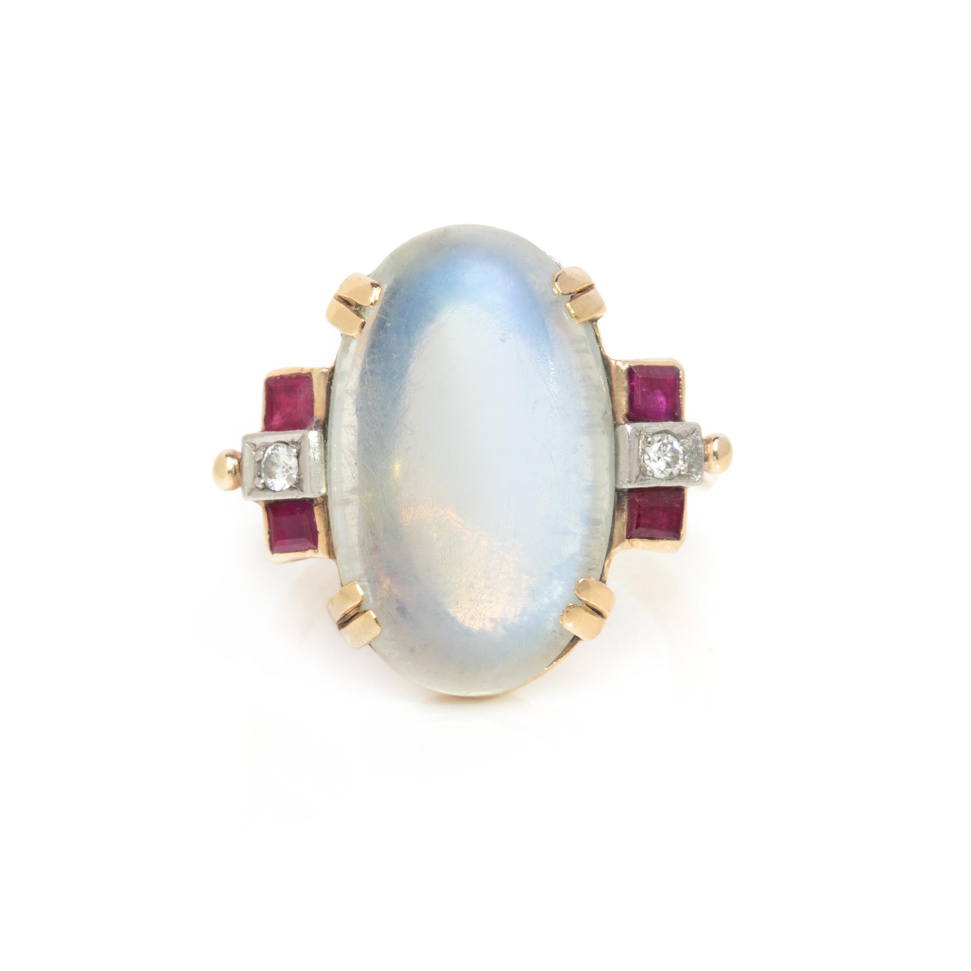 MOONSTONE, RUBY, AND DIAMOND RING