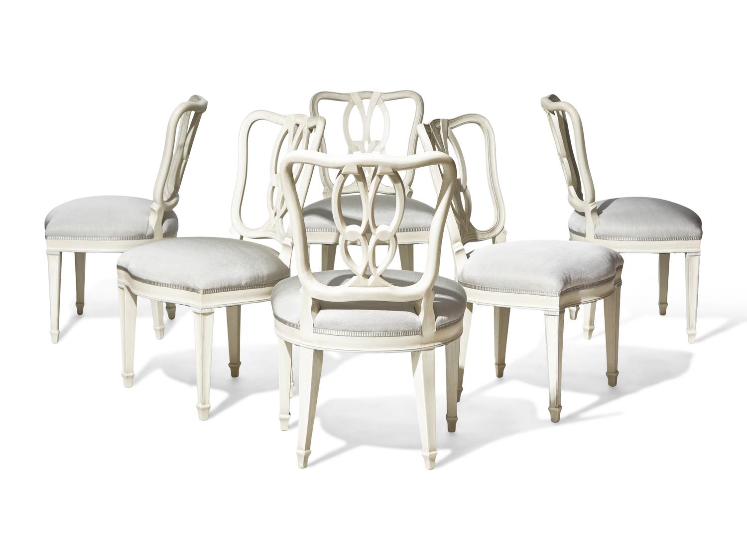 A Set of Six Hepplewhite Style Cream-Painted Dining Chairs DONATED BY DAVID KLEINBERG DESIGN ASSOCIATES