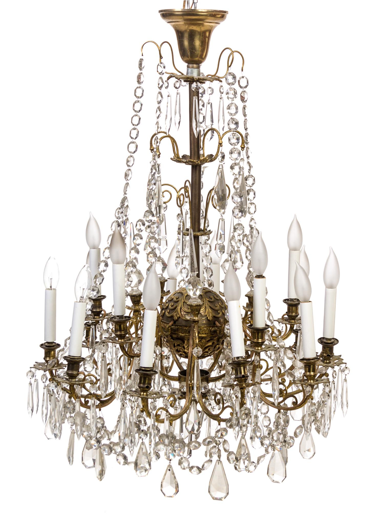 A Gilt Bronze and Glass Fifteen-Light Chandelier Height 37 1/2 inches.