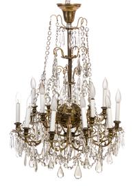 A Gilt Bronze and Glass Fifteen-Light Chandelier Height 37 1/2 inches.