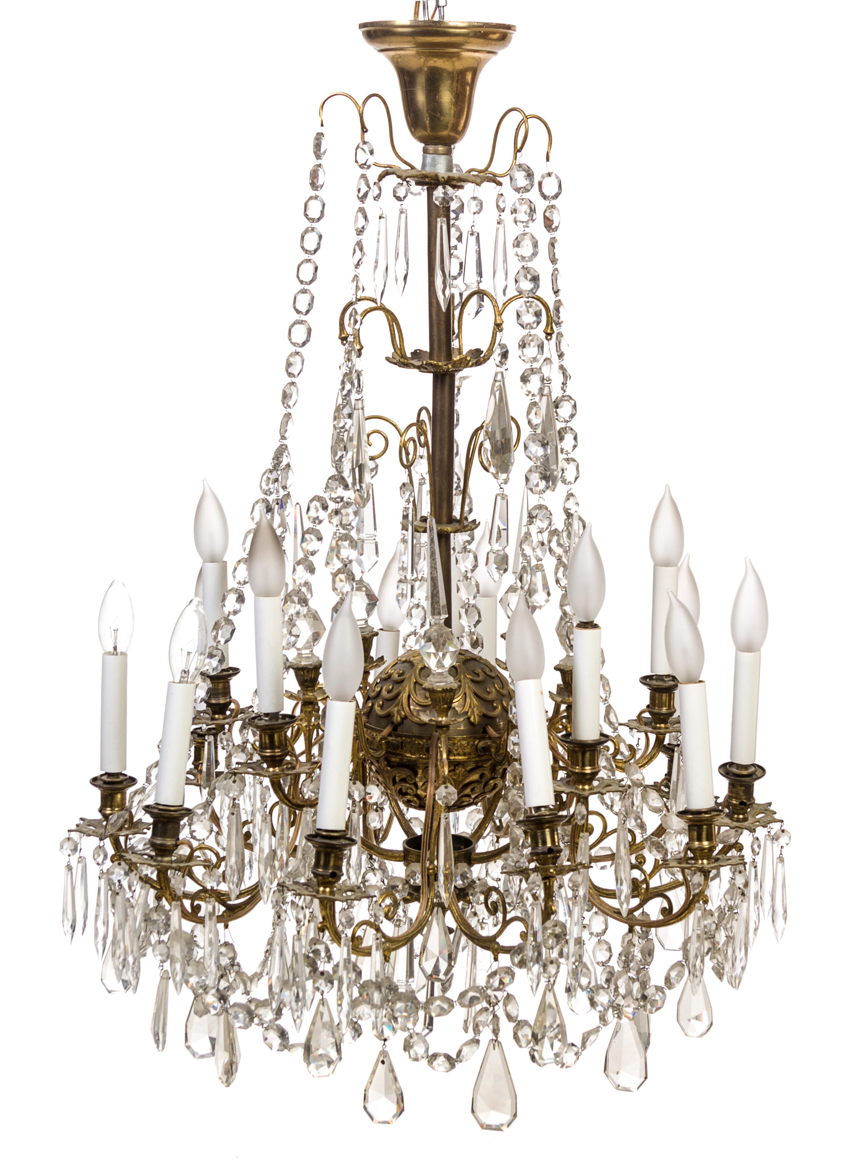 A Gilt Bronze and Glass Fifteen-Light Chandelier Height 37 1/2 inches.