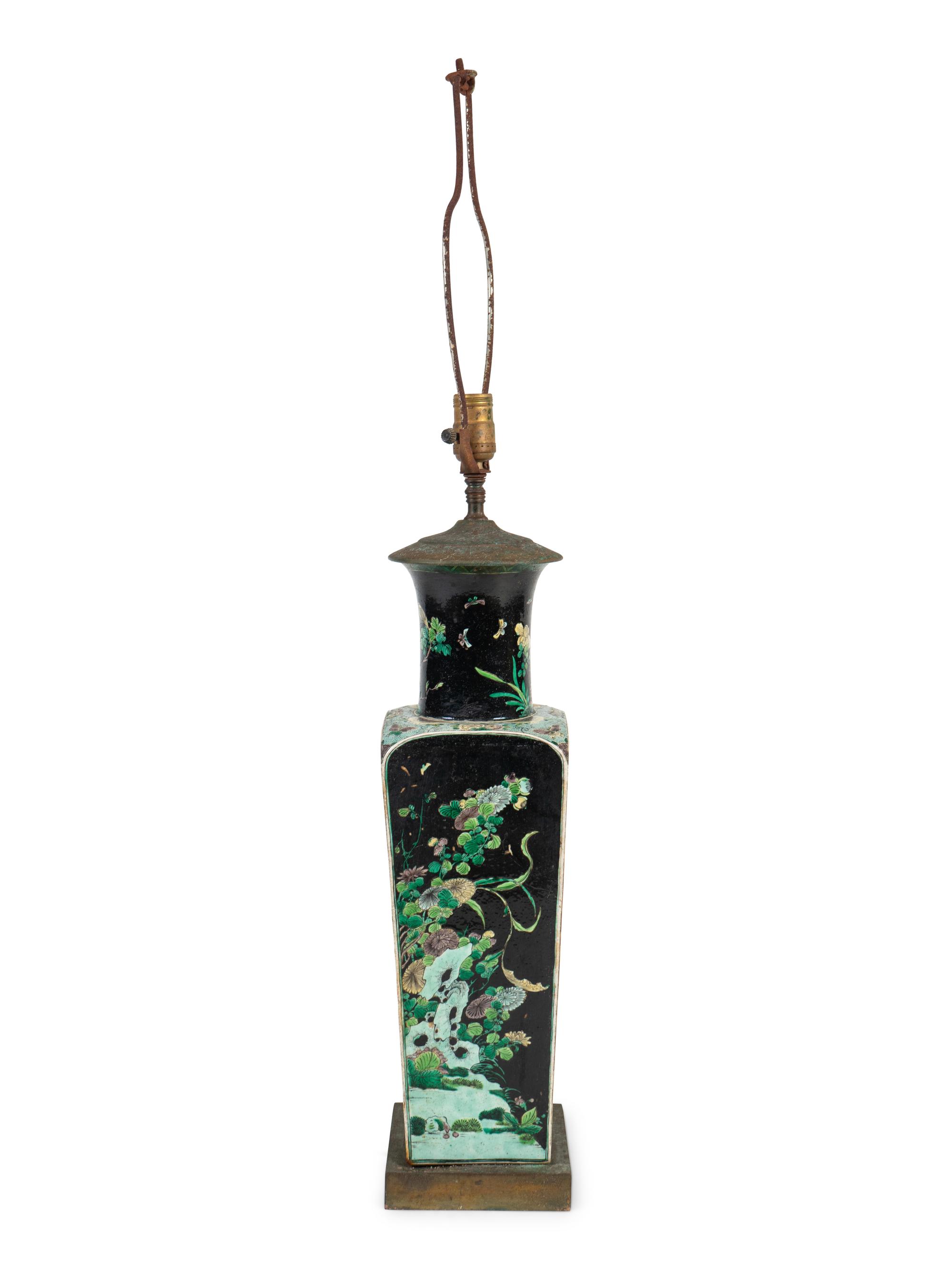 A Chinese Famille Noire Porcelain Vase Mounted as a Lamp — EARLY 20TH CENTURY
