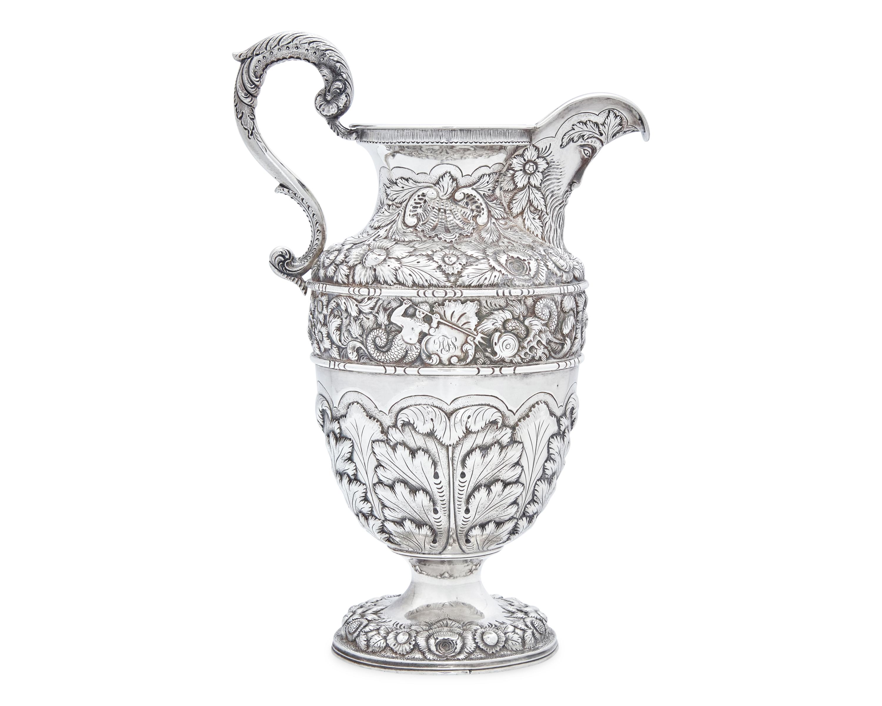 An Impressive Early Renaissance Revival Sterling Silver Repousse "Gilmor" Ewer
