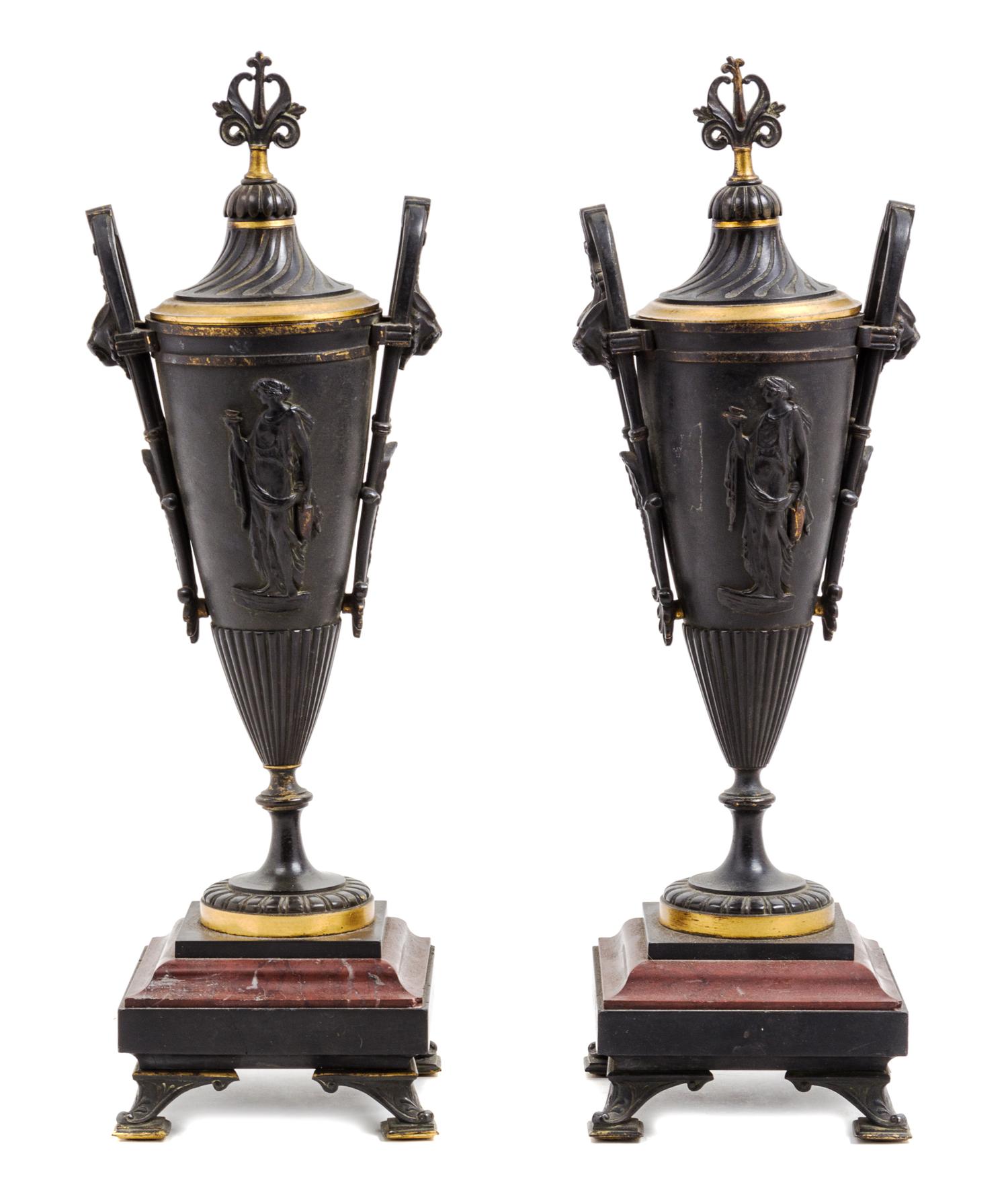 A Pair of Continental Bronze and Marble Urns Height 16 1/4 inches. — LATE 19TH CENTURY
