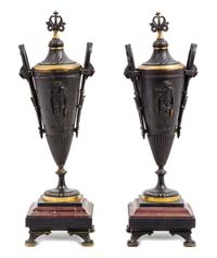 A Pair of Continental Bronze and Marble Urns Height 16 1/4 inches. — LATE 19TH CENTURY