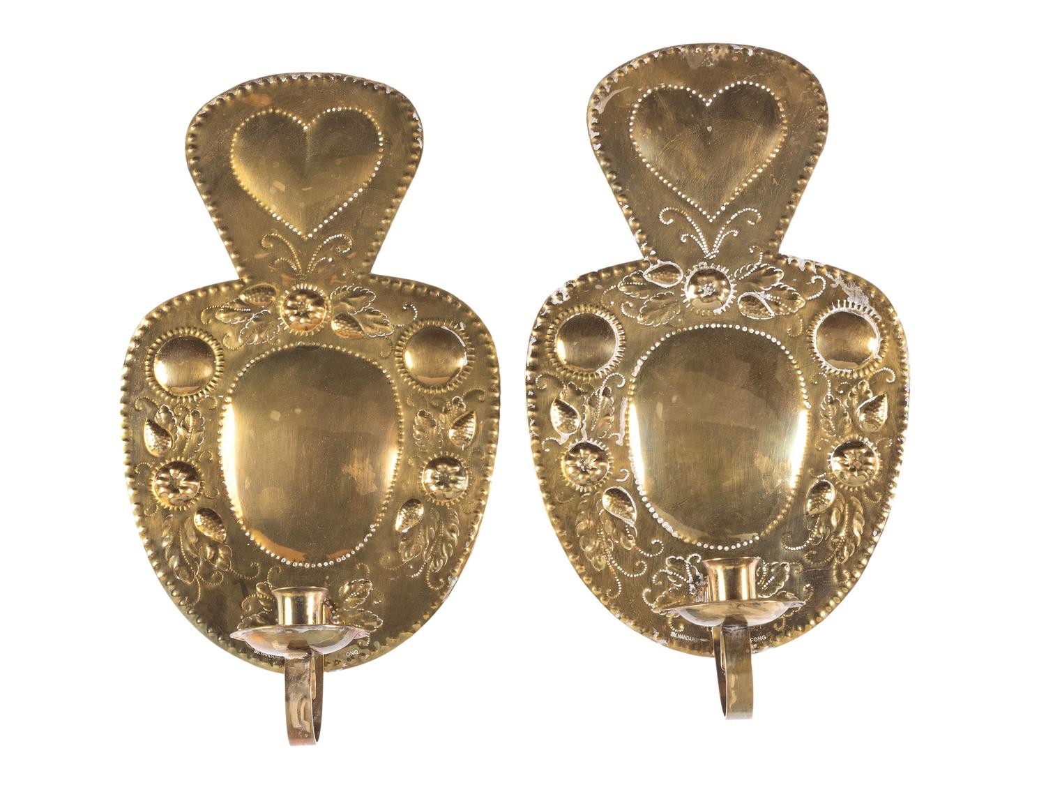 A Pair of Dutch Pressed Brass Heart-and-Berries One-Light Wall Sconces