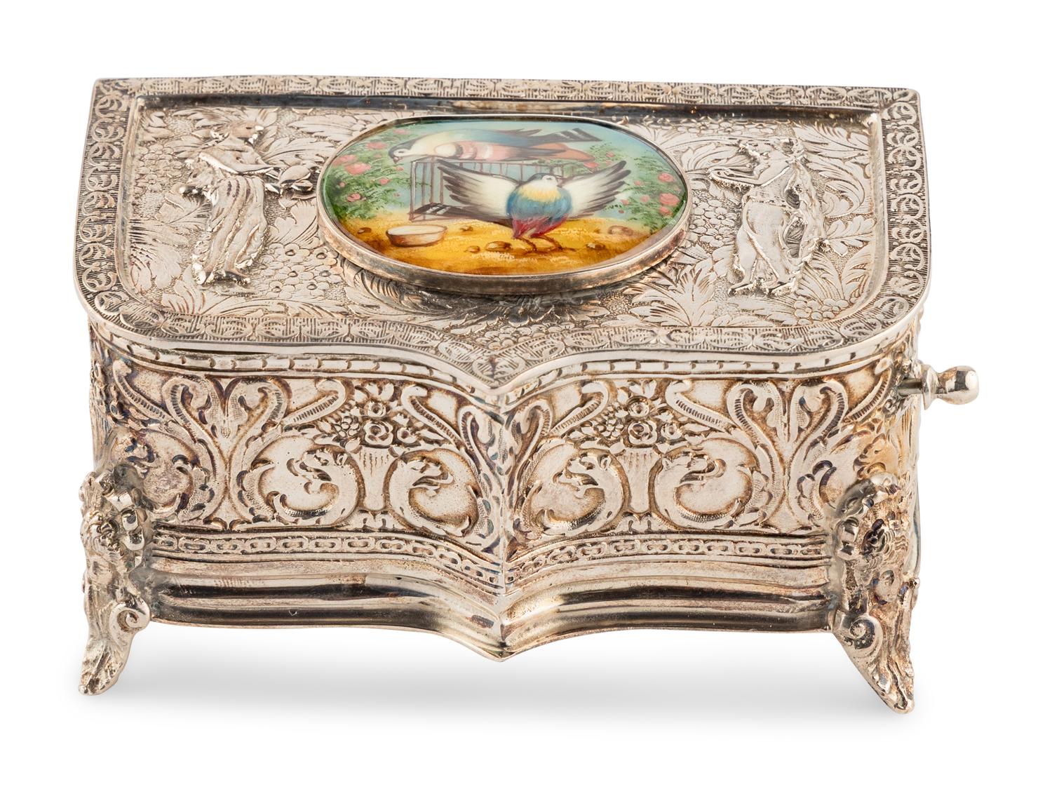 A German Silver and Enamel Singing Bird Automaton Box