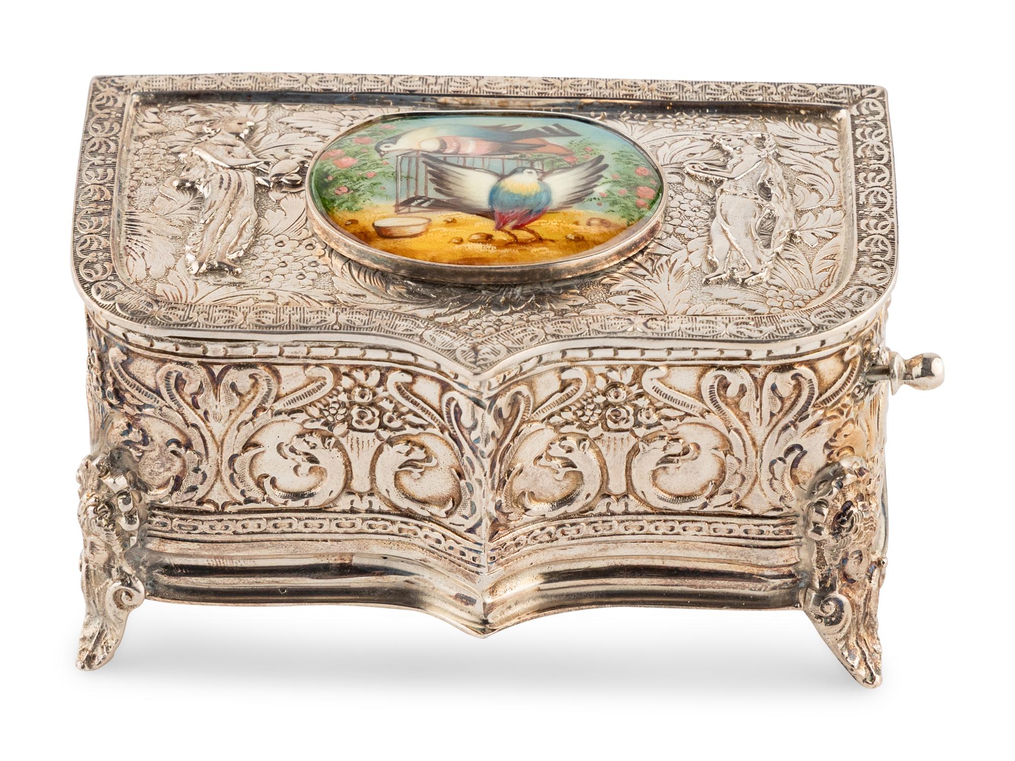 A German Silver and Enamel Singing Bird Automaton Box