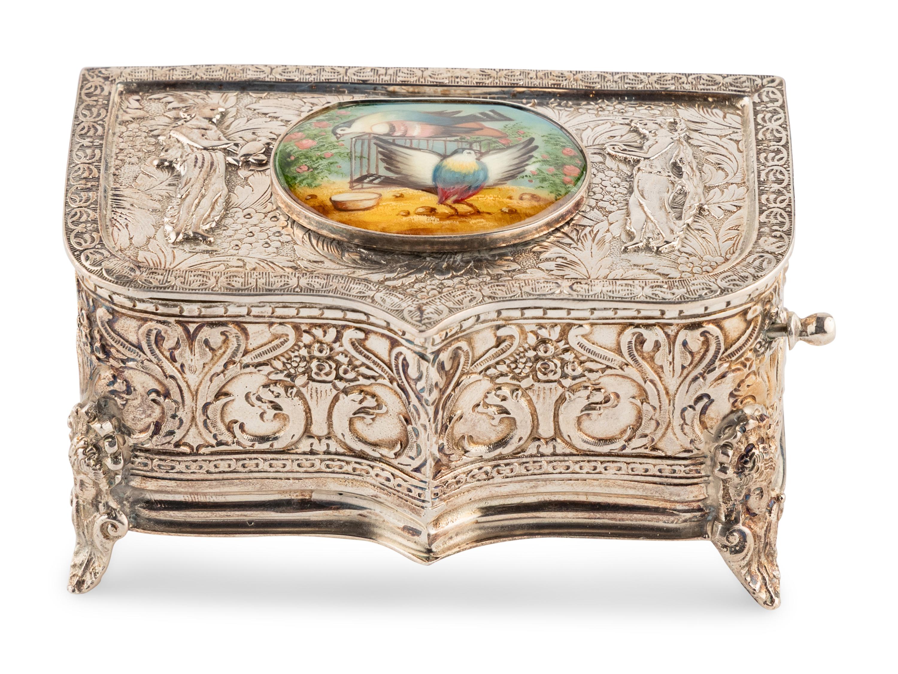 A German Silver and Enamel Singing Bird Automaton Box