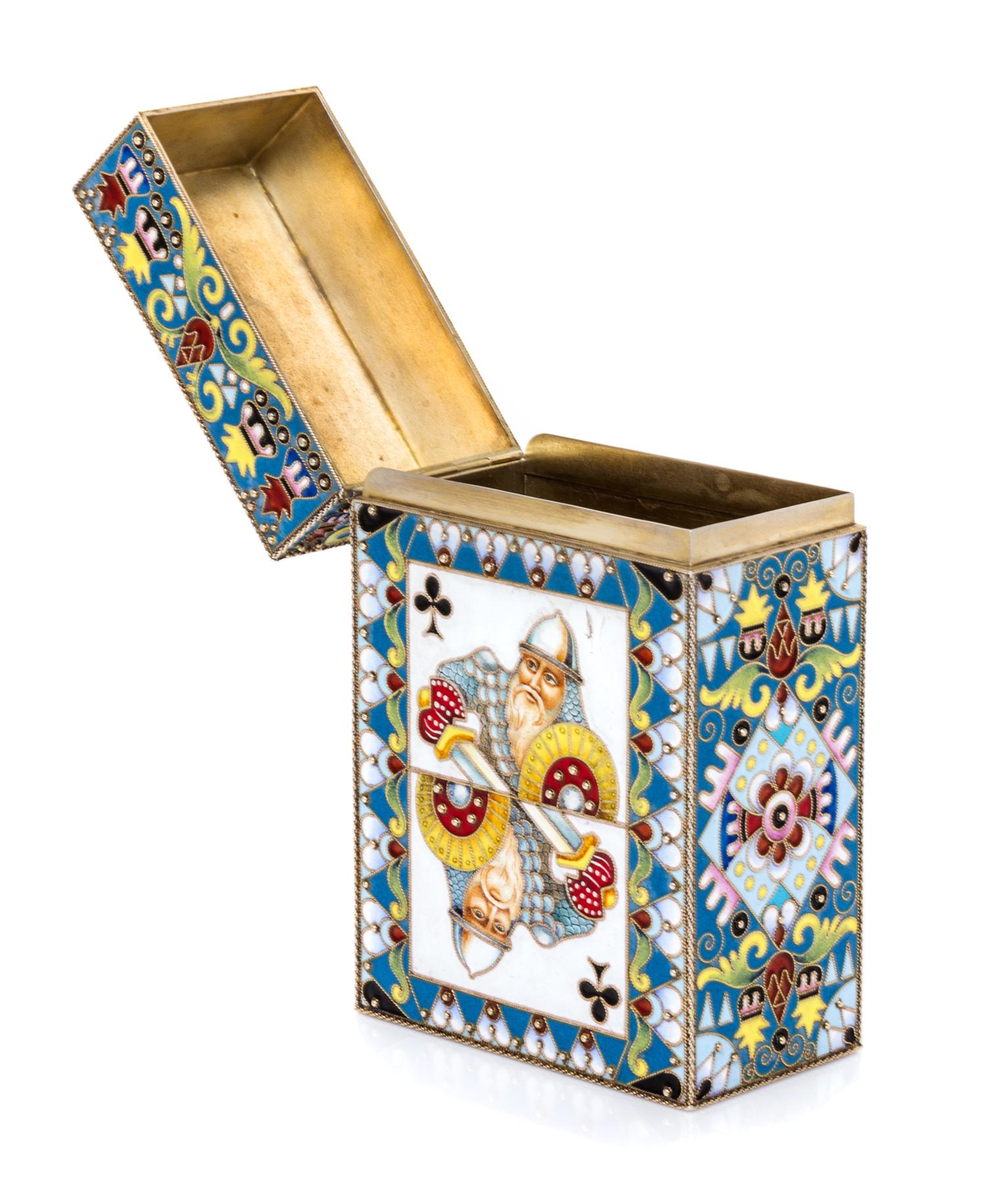 A Russian Silver-Gilt and Enamel Card Box, Spurious marks of Fedor Ruckert, Moscow, early 20th century, the box decorated with polychro