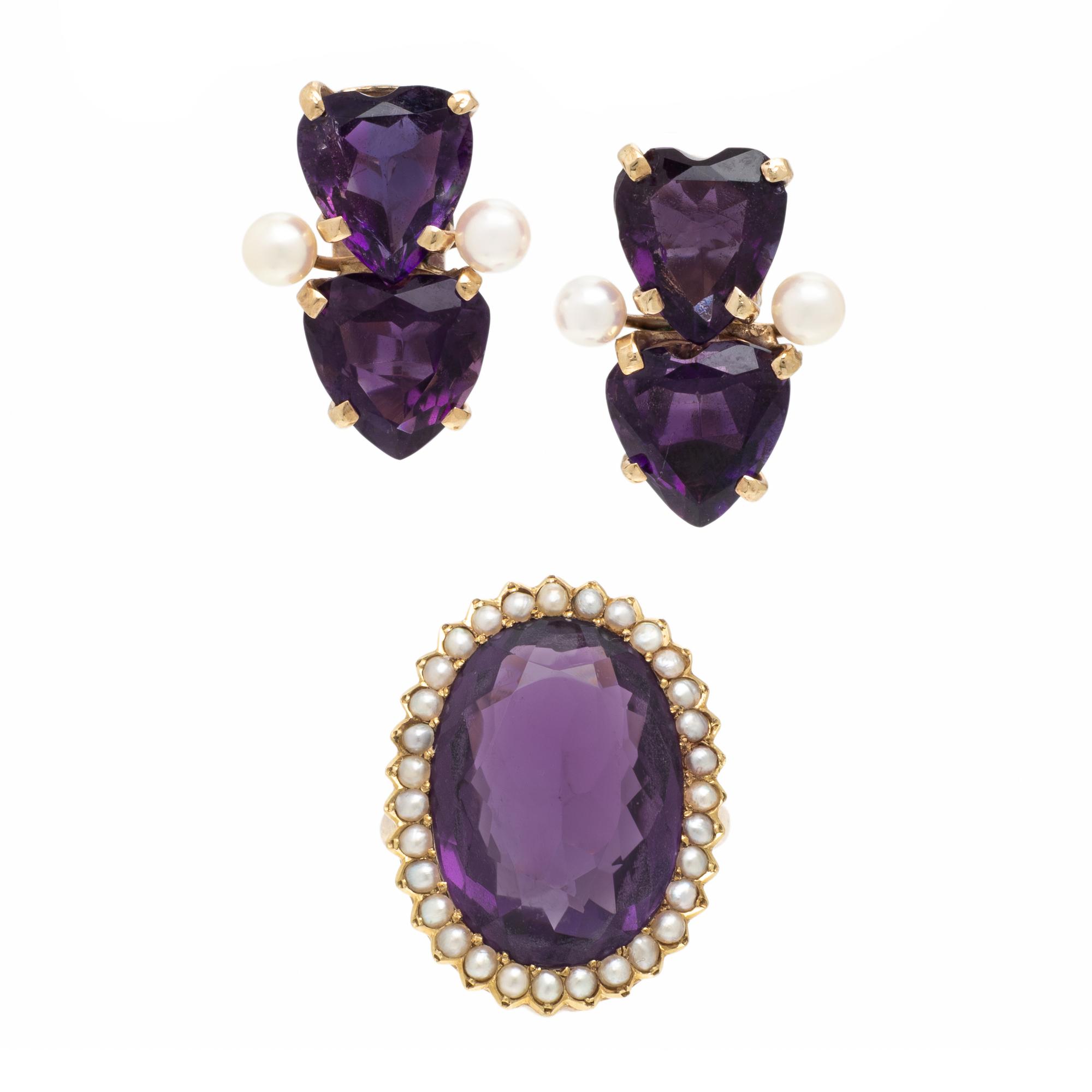 Amethyst and Yellow Gold Earrings and Ring