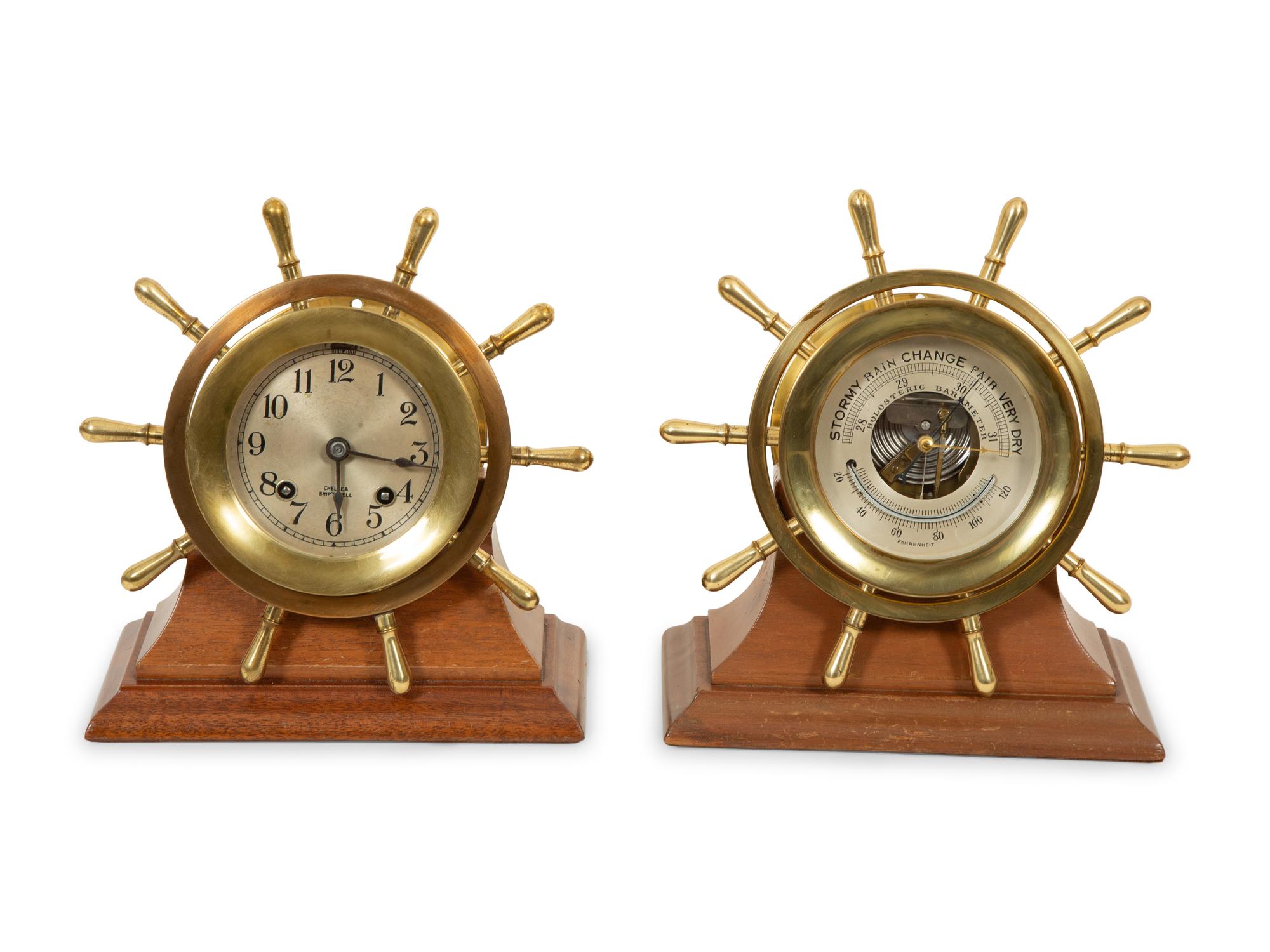 A Chelsea Ship's Wheel Clock and Matching Barometer