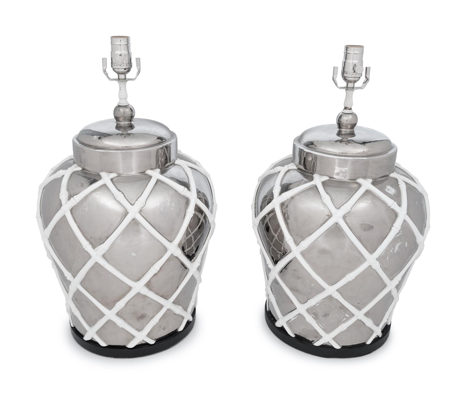 A Pair of Silvered and White Glazed Table Lamps