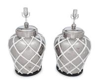 A Pair of Silvered and White Glazed Table Lamps