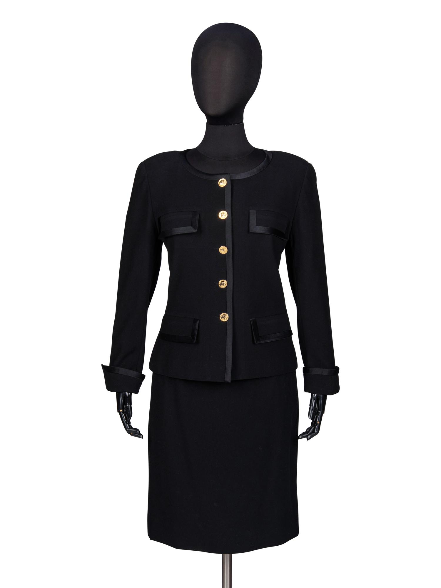 Chanel, Black Wool Skirt Suit Trimmed in Satin