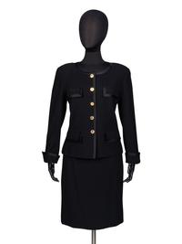 Chanel, Black Wool Skirt Suit Trimmed in Satin