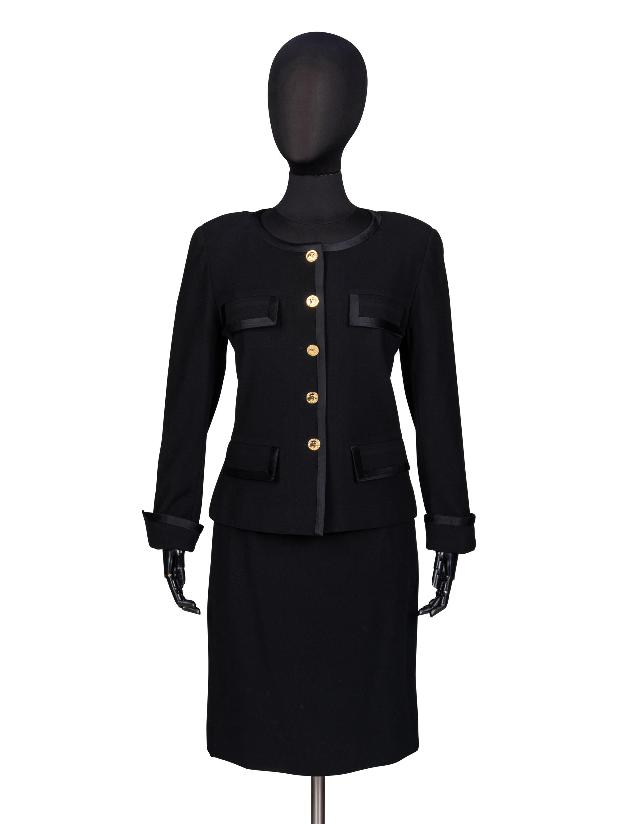 Chanel, Black Wool Skirt Suit Trimmed in Satin