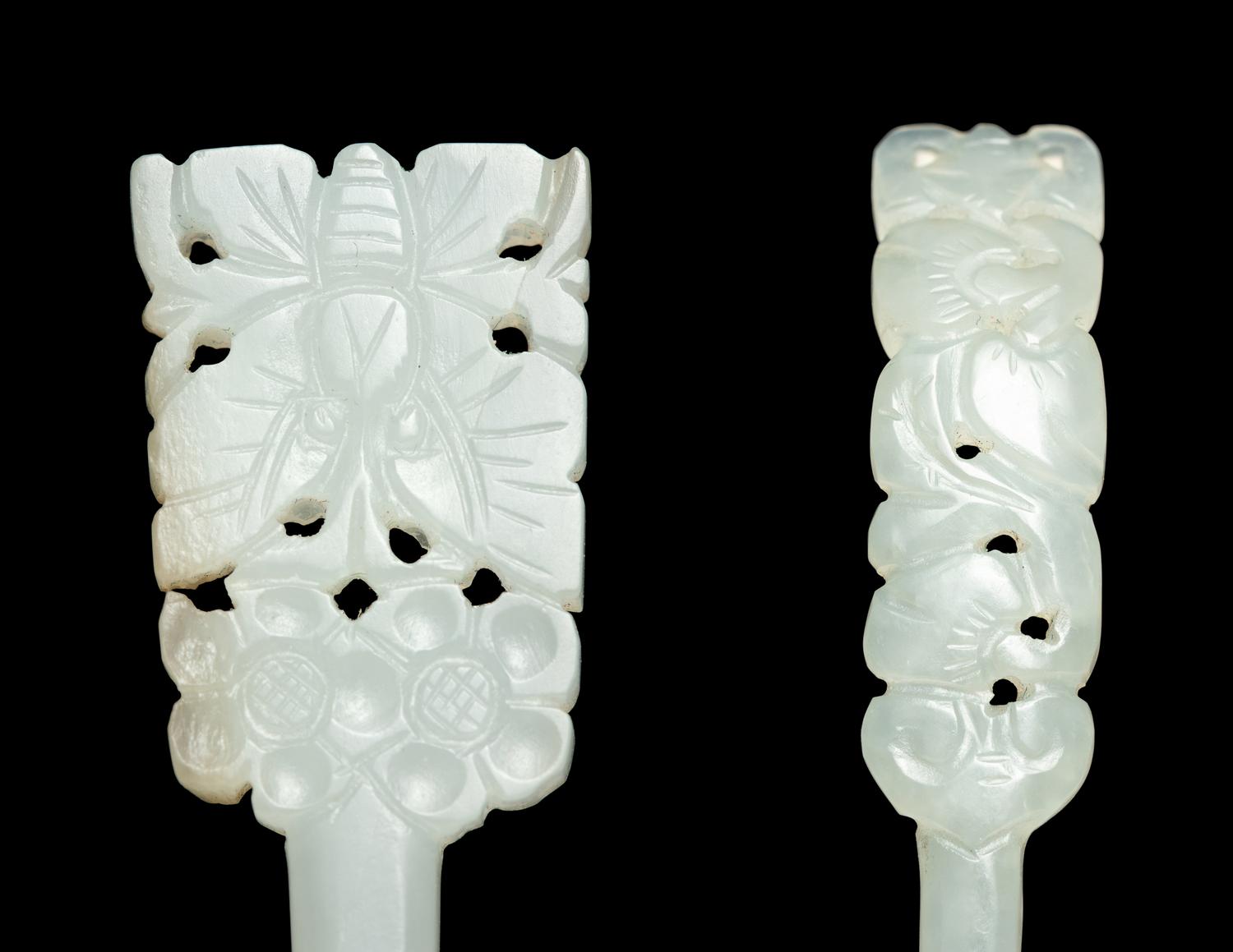 Two Reticulated White Jade Hairpins