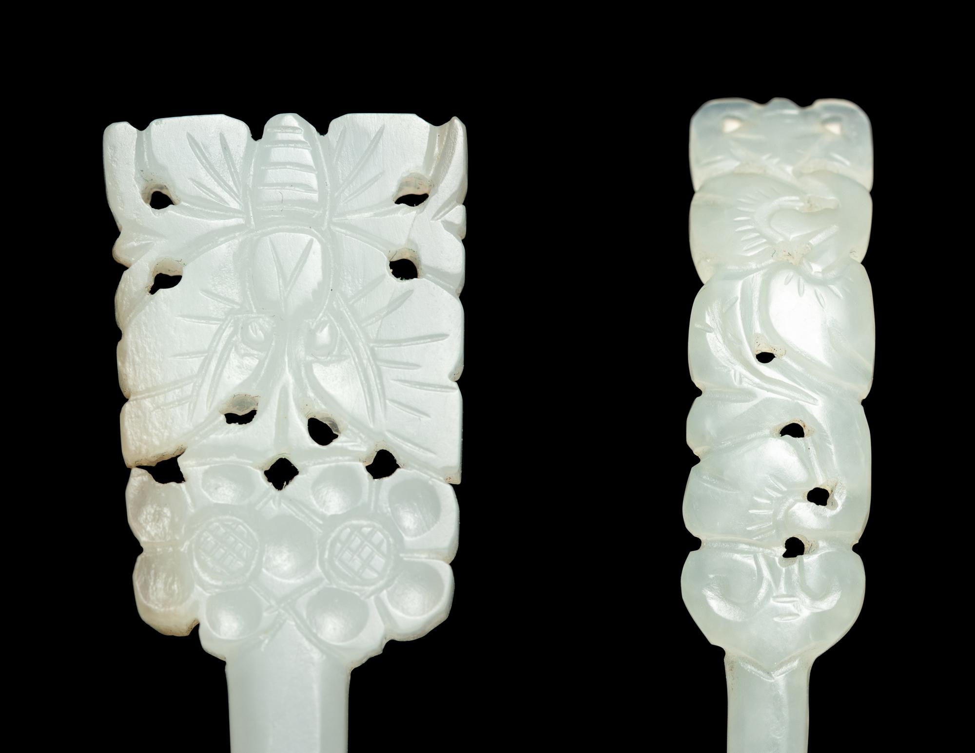 Two Reticulated White Jade Hairpins