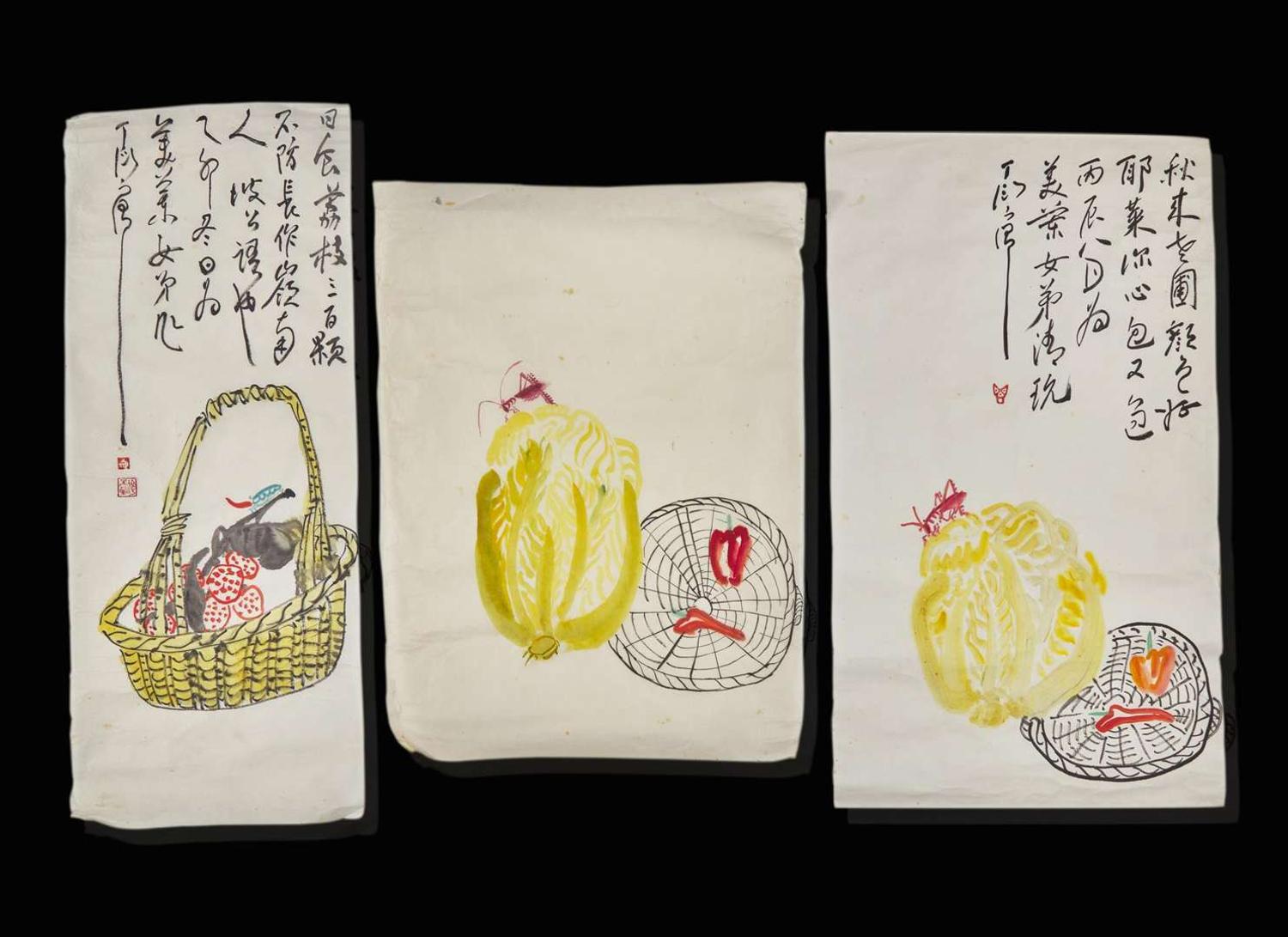 Ding Yanyong (Chinese, 1902-1978), Basket and Fruit, Basket and Vegetables, three works, 1975 and 1976 丁衍庸(中國 1902-1978) 瓜果梨桃一組三幅 乙卯年1975 丙辰年1976
