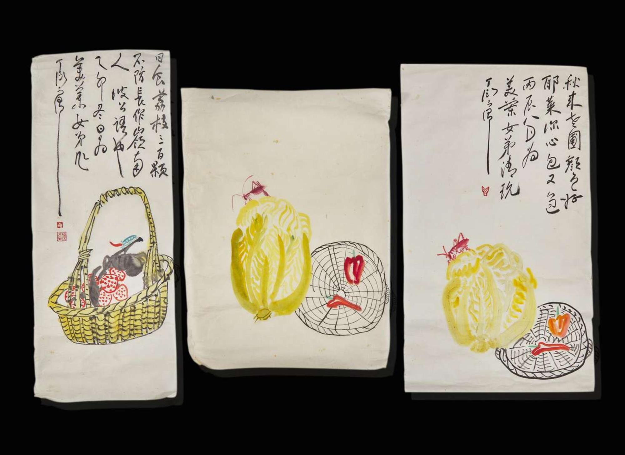 Ding Yanyong (Chinese, 1902-1978), Basket and Fruit, Basket and Vegetables, three works, 1975 and 1976 丁衍庸(中國 1902-1978) 瓜果梨桃一組三幅 乙卯年1975 丙辰年1976