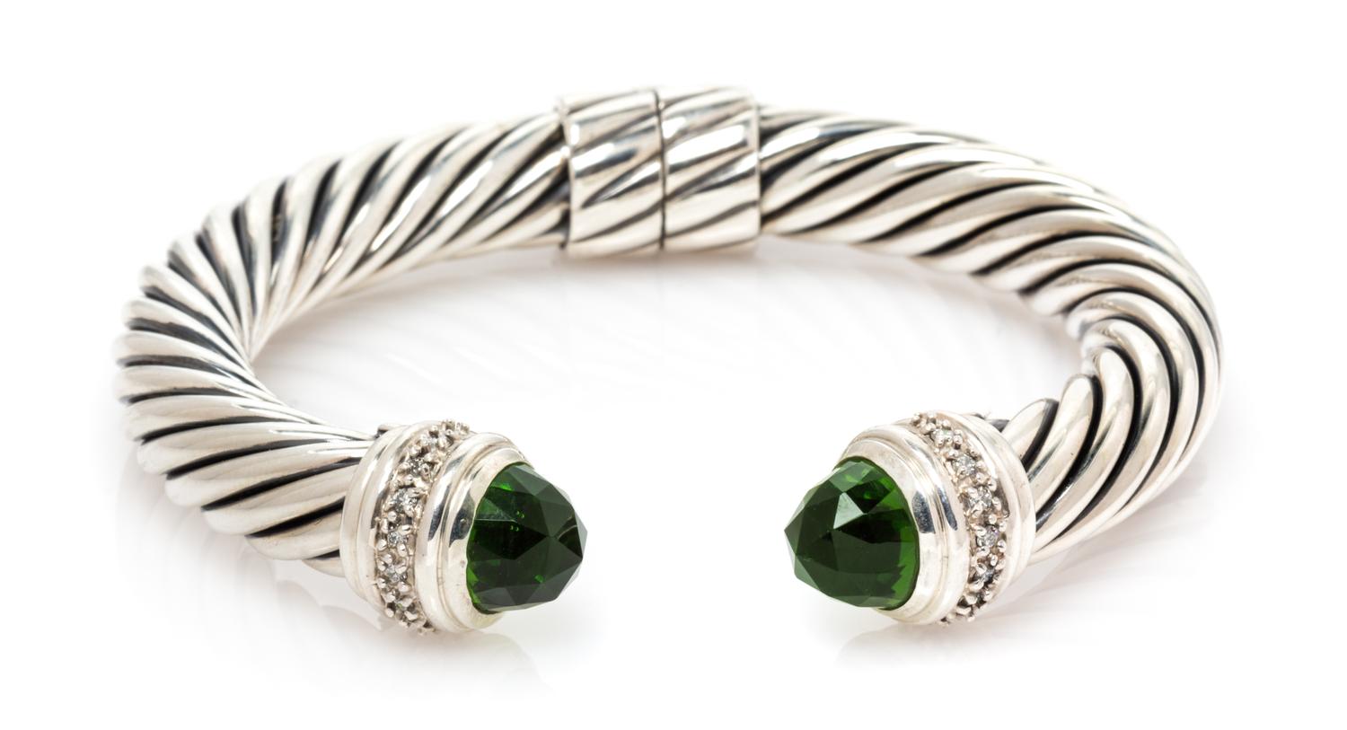 A Sterling Silver, Chrome Diopside and Diamond 'Cable Classic' Bracelet, David Yurman, 34.50 dwts.