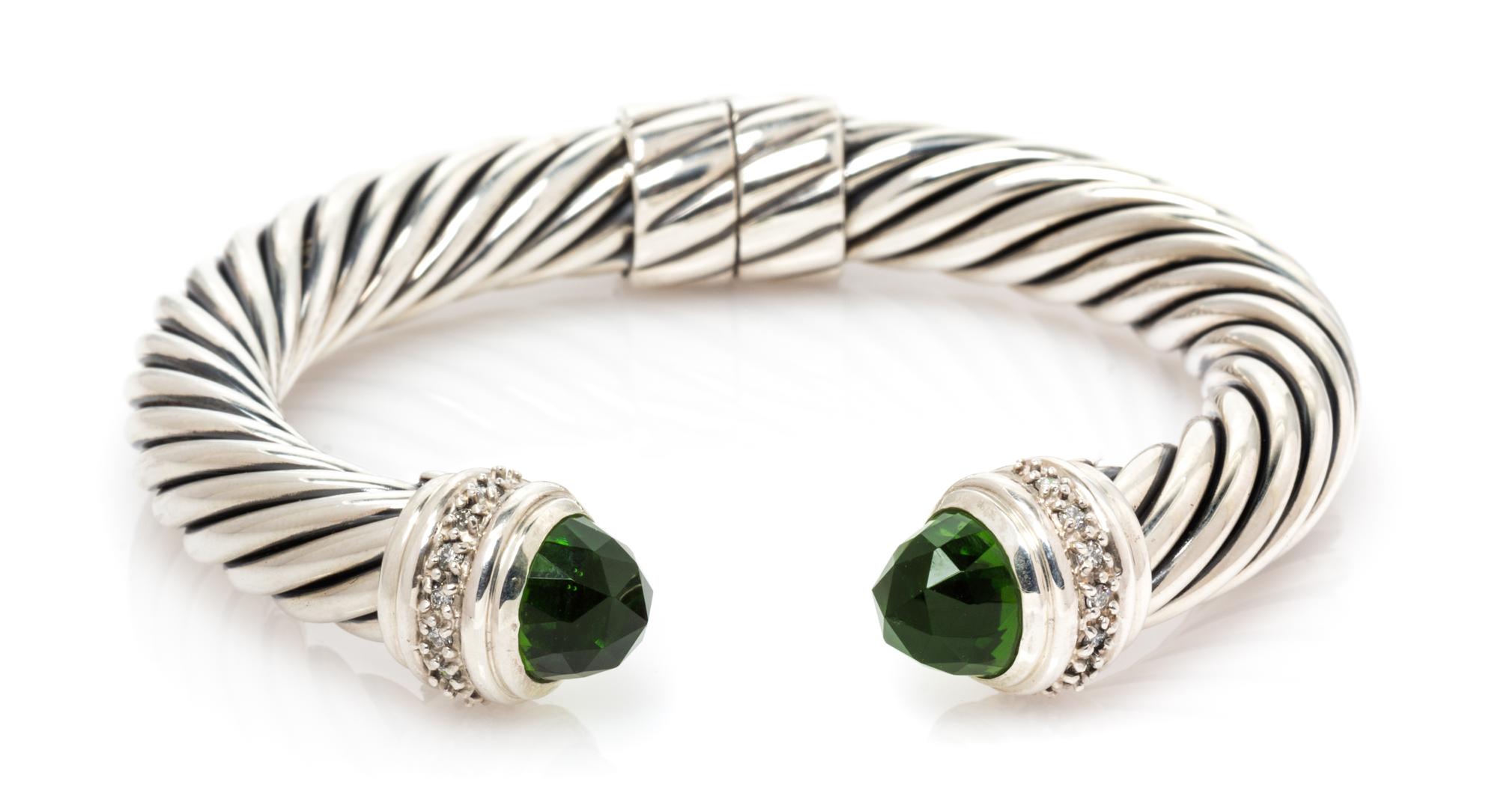 A Sterling Silver, Chrome Diopside and Diamond 'Cable Classic' Bracelet, David Yurman, 34.50 dwts.